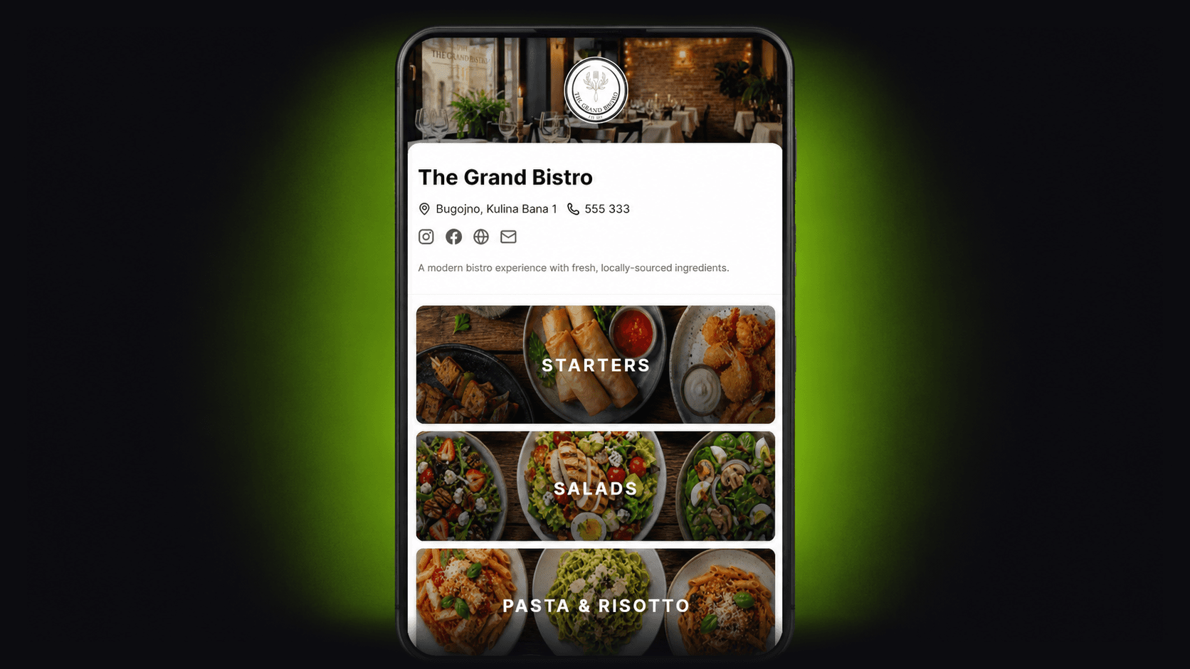 A live QRbook menu on a phone